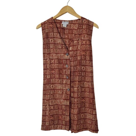 Vtg 1010 Design Silk Tunic Top Vest Pants Set Sz L Batik Print Lagenlook Brown - Picture 2 of 14